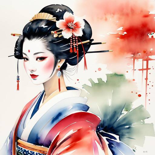 Traditional Japanese Geisha Watercolor Portrait