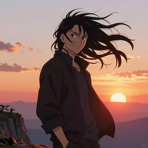 Anime-style digital drawing of a serious, black-haired man with wind-swept hair, wearing a black jacket, standing at sunset with a colorful sky