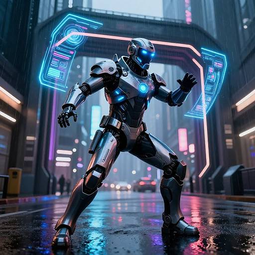 Cybernetic soldier in a futuristic, neon-lit city street, standing with glowing blue holographic wings and a blue visor, under rainy