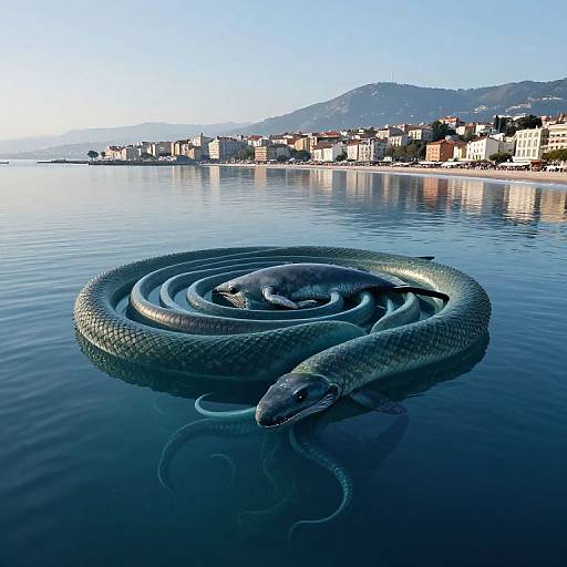 Photograph: Large, dark green snake coiled in calm, reflective blue water near coastal city with buildings and mountainous background under clear sky.