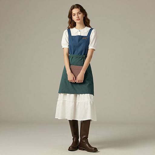 Photograph of a young woman with wavy brown hair, wearing a white blouse, dark green apron, white skirt, black knee-high socks,