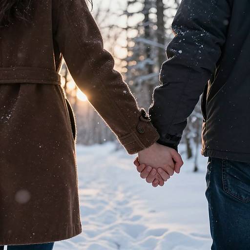 Couple Holding Hands in Snowy Forest