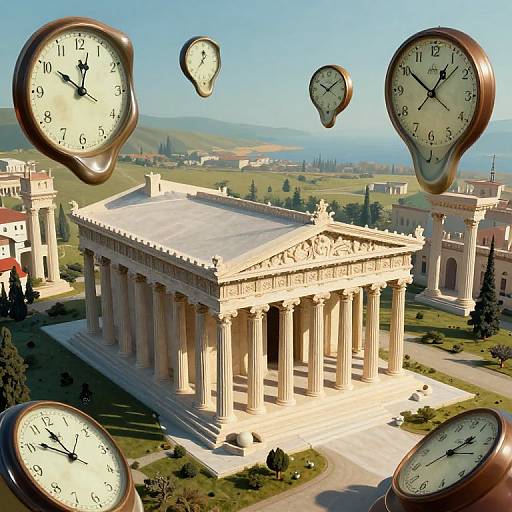 Photograph of a neoclassical building with large columns surrounded by floating clocks, set against a sunny, hilly landscape with distant buildings and trees
