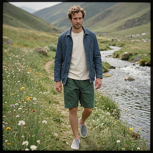 Photograph of a curly-haired man in a denim jacket, white shirt, green shorts, and white sneakers walking along a grassy riverbank with mountains