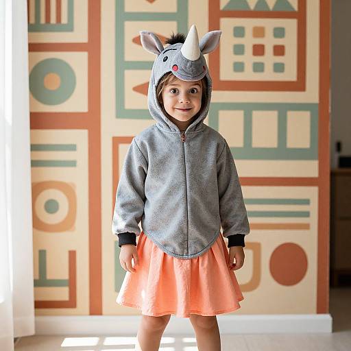 Photograph of a smiling young girl in a gray rhinoceros hooded jacket and orange skirt, standing in front of a geometric-patterned wall