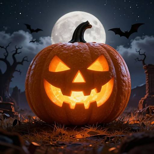 Photograph of a glowing Jack-o'-lantern with sharp teeth and triangular eyes, set against a full moon, bats, and eerie graveyard.