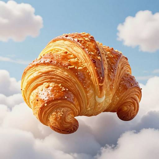 Photorealistic CGI of a golden-brown, sesame-seeded croissant floating against a bright blue sky with fluffy white clouds.