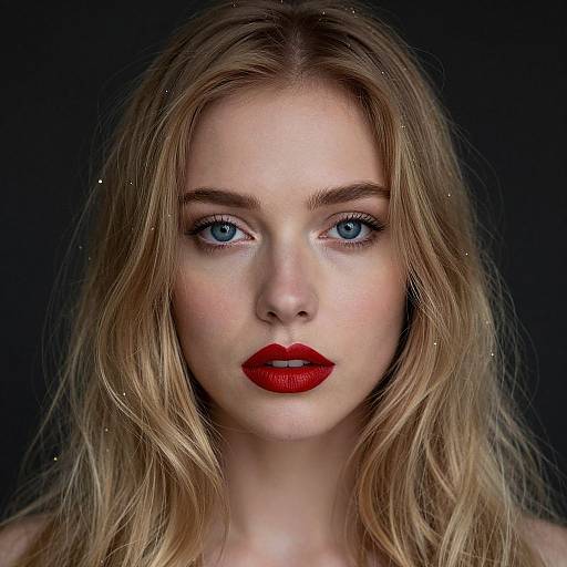 Photograph of a fair-skinned, blue-eyed blonde woman with wavy hair, bold red lipstick, and neutral expression, set against a dark background