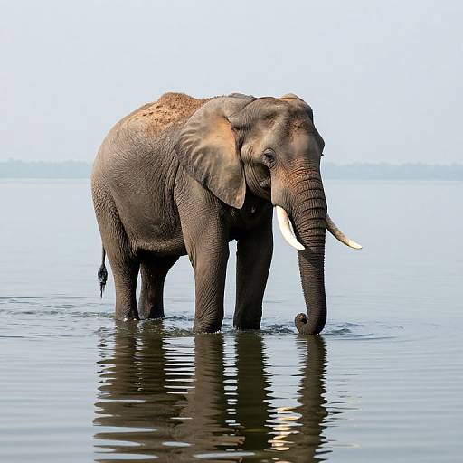 Photograph of a large, gray African elephant standing in shallow water, with its reflection visible, white tusks, and a calm, light blue sky