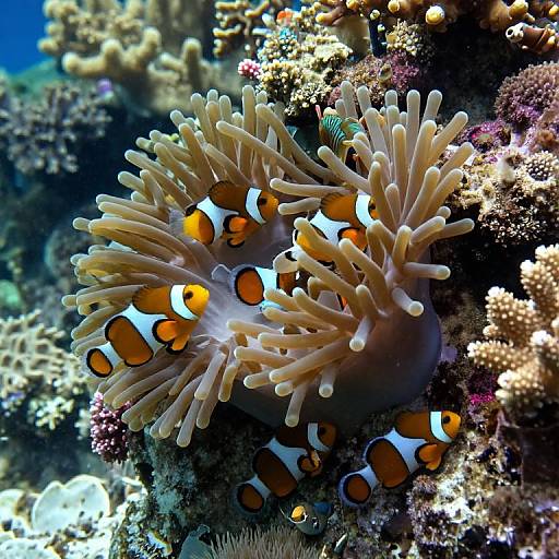 Photograph of vibrant clownfish with orange and white stripes nestled among the beige, spiky tentacles of a sea anemone, surrounded by colorful