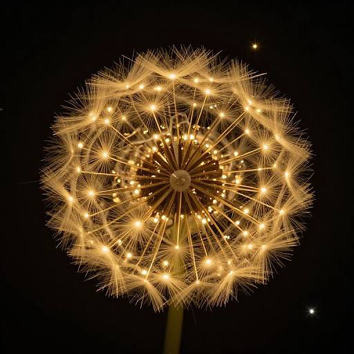 Photograph of a glowing dandelion clock against a black background, with sparkling, golden lights illuminating its intricate, feathery seeds.