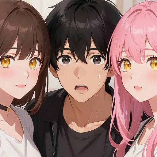 Anime-style digital illustration of a shocked black-haired boy with three girls, one with brown hair, one pink, and one yellow eyes. All have large