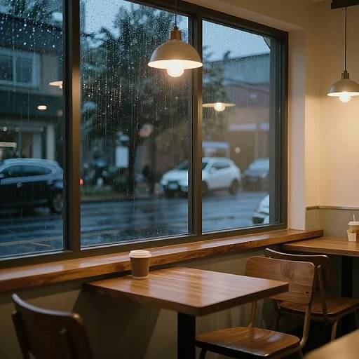 Photograph of a cozy café interior with wooden tables, chairs, and a coffee cup, viewed through a rain-splattered window at dusk.