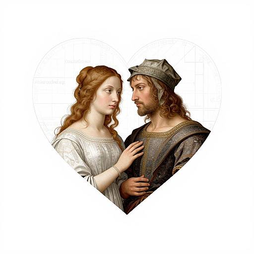 Digital artwork of a red-haired woman in a white dress gently touching a bearded man in a dark tunic and hat, gazing intensely at each