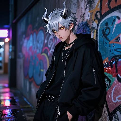Digital anime artwork of a silver-haired, horned boy in a black hoodie, standing in a graffiti-covered, neon-lit alley at night.