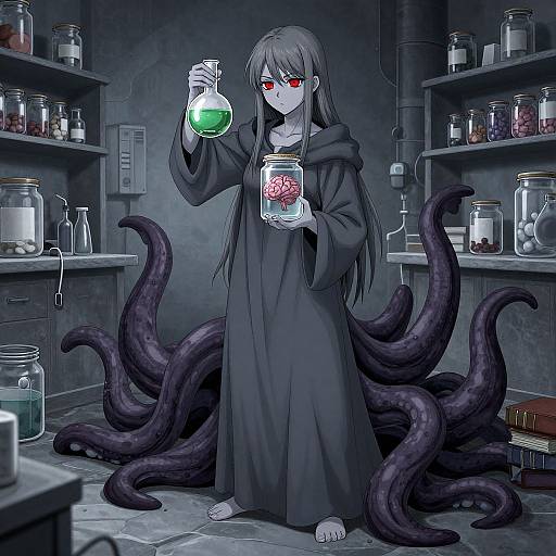 Anime-style digital drawing of a gray-haired, red-eyed girl in a black hooded robe, holding a green flask and jar with pink contents, surrounded