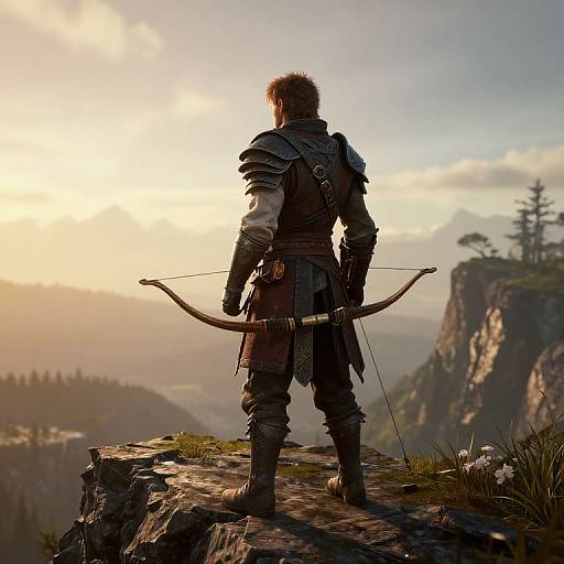 Fantasy illustration of a warrior with fur-trimmed cloak, armored shoulders, and bow, standing on a rocky cliff at sunset, overlooking a mountain