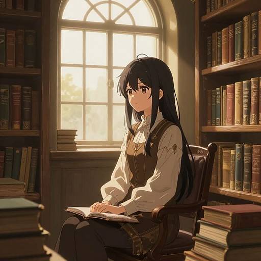 Anime-style digital artwork of a long-haired girl with black hair and brown eyes, wearing a white shirt and brown vest, reading a book in a sun
