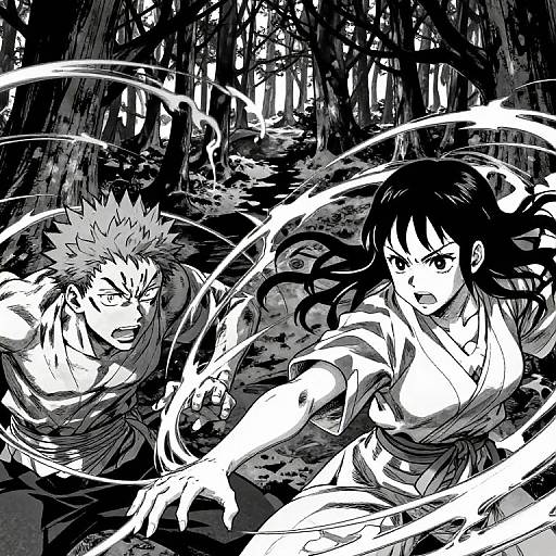 Black-and-white manga-style drawing of a fierce battle in a dark forest. A spiky-haired male and a determined female with long hair clash, both