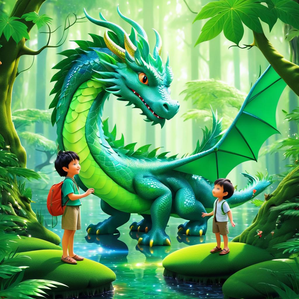 Playful Dragon and Boy in Fantasy Forest