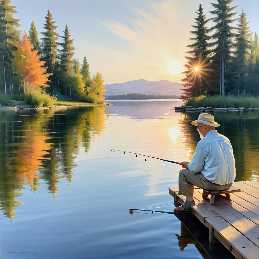 Elderly Fisherman at Sunset Dock Scene