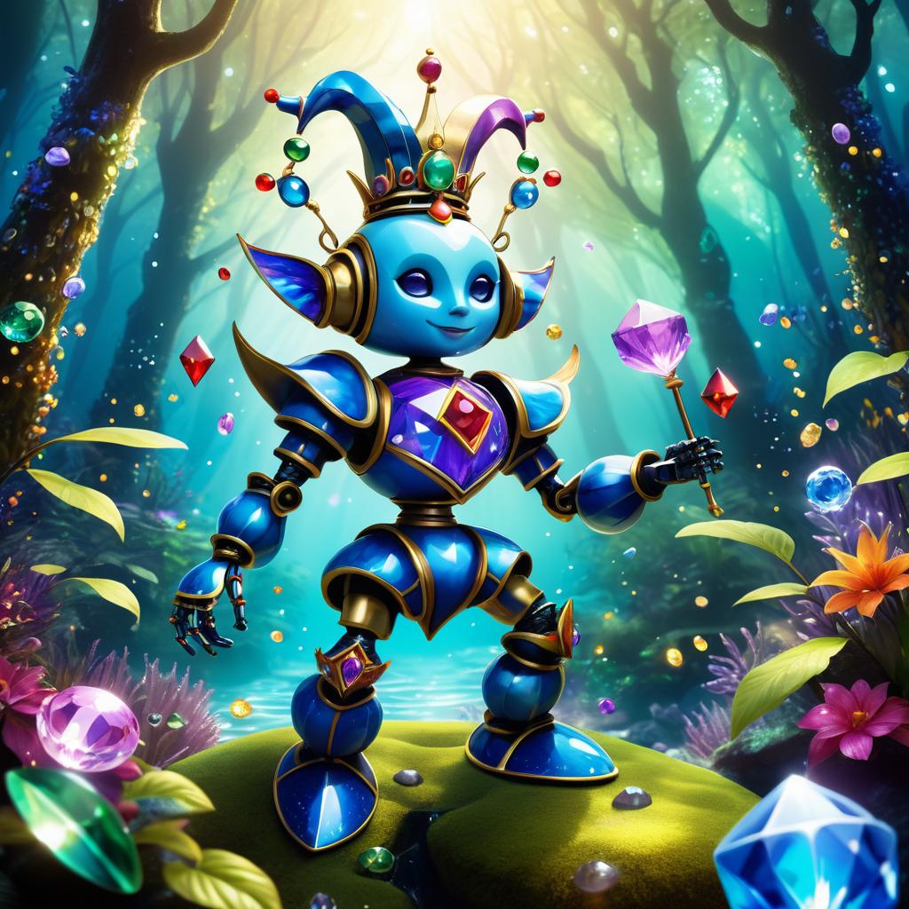 Whimsical Robot Jester in Enchanted Forest