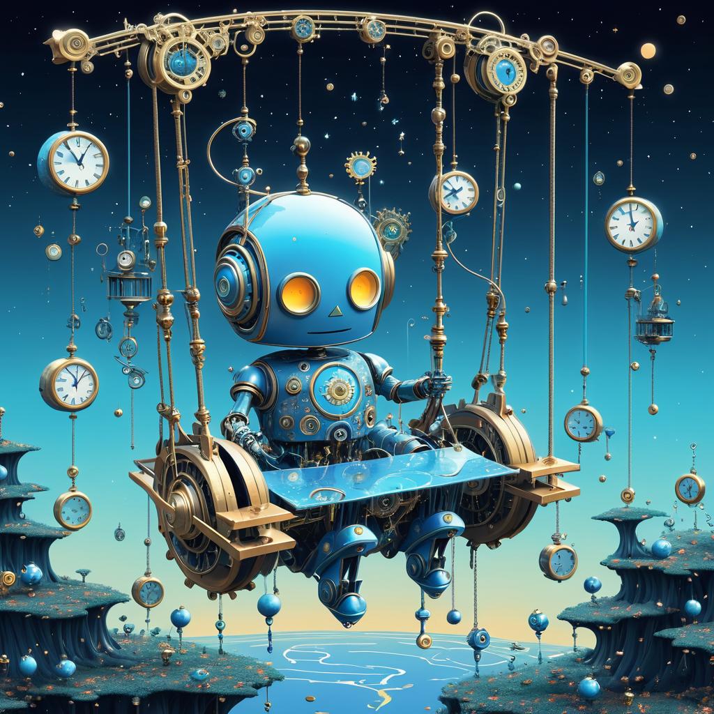 Surreal Robot Swing in Dreamlike Landscape