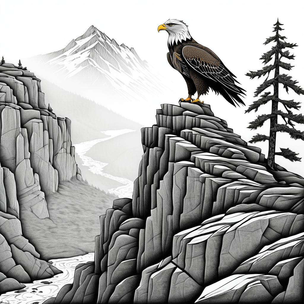 Whimsical Eagle on Mountain Cliff Art