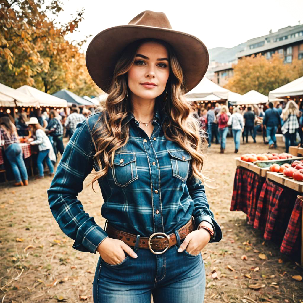 Curvy Cowgirl in Vibrant Outdoor Market