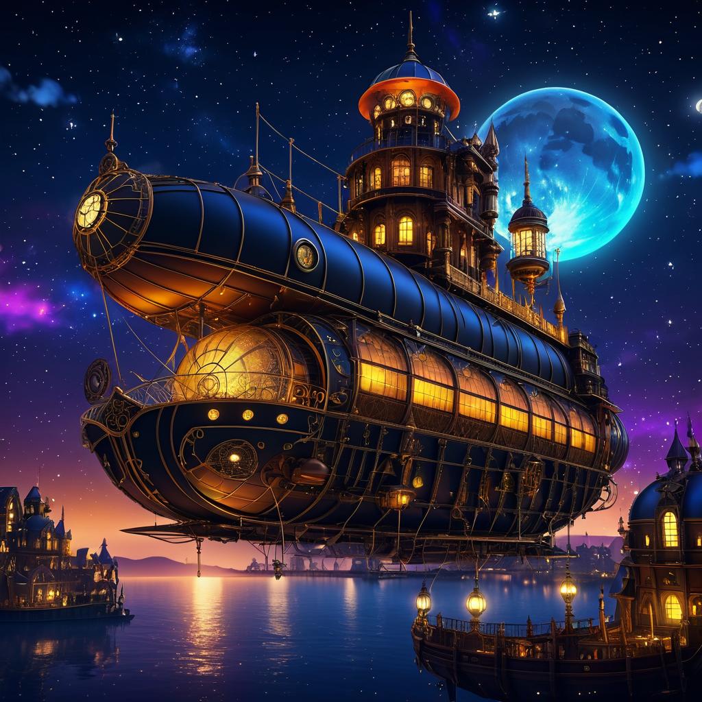 Steampunk Nightscape with Intricate Airship