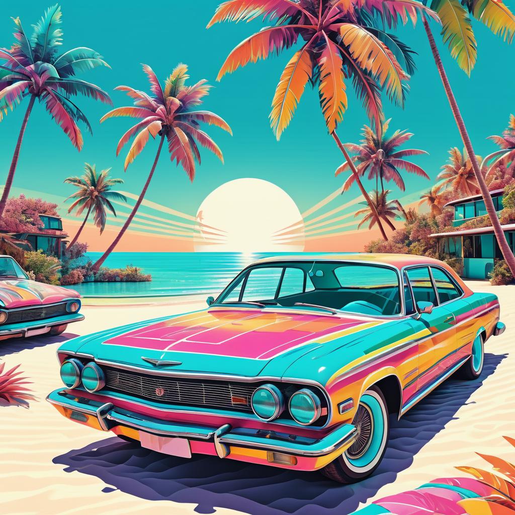 Retro Psychedelic Car on Tropical Beach