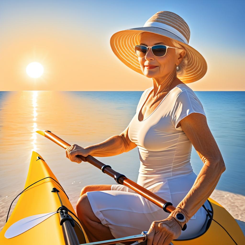 Serene Sunset Kayaking with Fit Elderly Woman