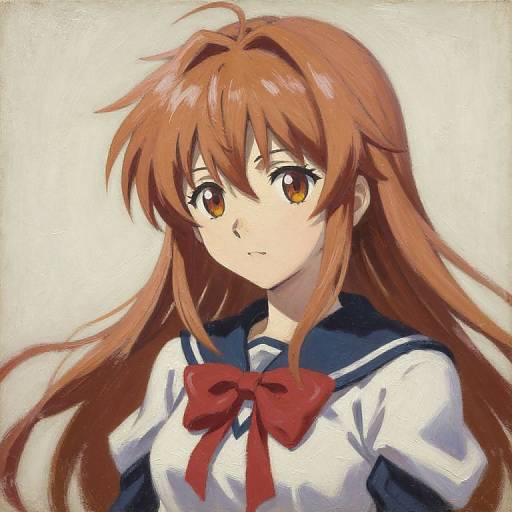 Digital anime-style portrait of a young girl with long, brown hair, amber eyes, wearing a white sailor uniform with a red bow, against a plain