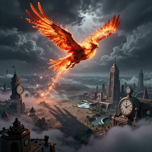 Digital artwork of a fiery, glowing red phoenix soaring over a dark, stormy cityscape with clock towers and skyscrapers below.