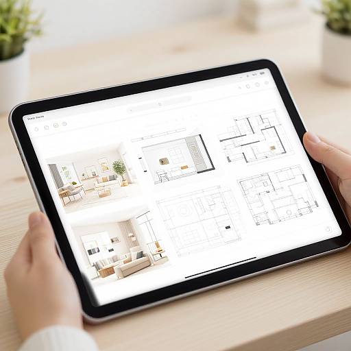 Photograph of a person's hands holding a black tablet displaying a white blueprint of a modern living room layout on a wooden table.