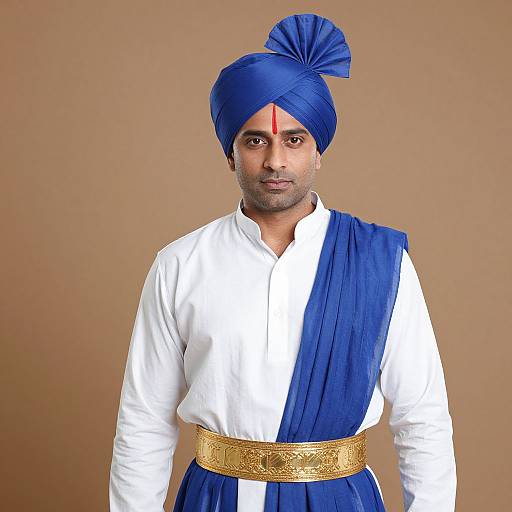 Photograph of a South Asian man with medium brown skin, wearing a blue turban, white shirt, blue dhoti, and gold waistband