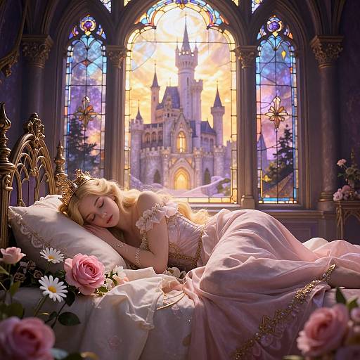 Princess in pink gown with gold crown sleeps on ornate bed, surrounded by roses, in front of stained glass window showing a castle at sunset.