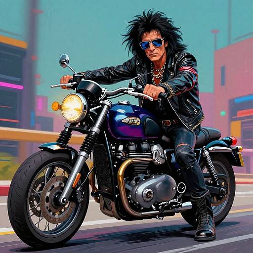 Digital artwork of a rockstar with shaggy black hair, blue sunglasses, leather jacket, and ripped jeans, riding a black motorcycle in a neon