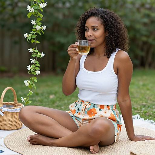 Woman Enjoying Spring Picnic with Tea