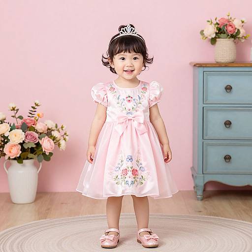 Smiling Asian Toddler in Princess Dress