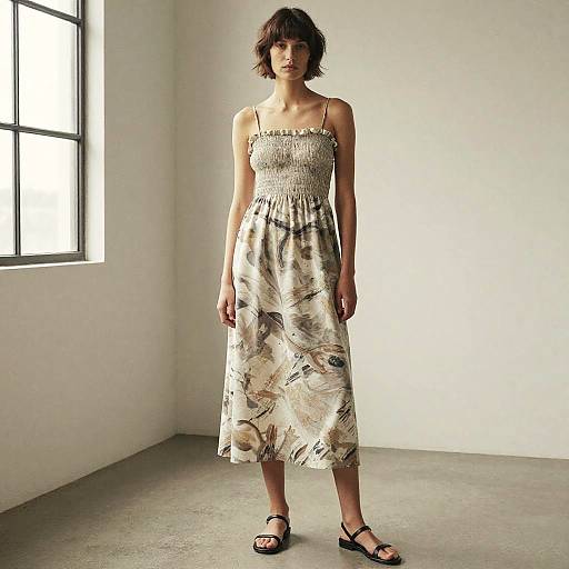 Photograph of a young woman with short, brown hair, wearing a strapless, floral-patterned, knee-length dress and black sandals, standing in