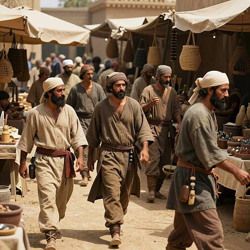 Photograph of a bustling Middle Eastern market with bearded men in traditional robes and headscarves, walking among stalls with wicker baskets and pottery under