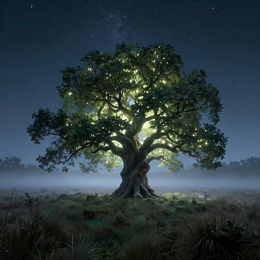 Photograph of a large, glowing tree at night, illuminated by ethereal yellow lights, surrounded by mist and a starry sky.