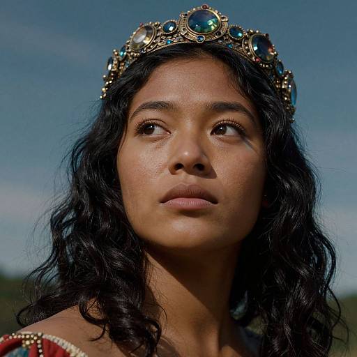 Photograph of a young woman with dark wavy hair, wearing an ornate jeweled crown and red, gold-embroidered dress, g