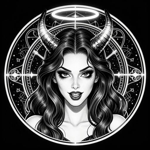 Black-and-white digital drawing of a seductive demon woman with long wavy hair, horns, halo, and detailed astrological circle background.