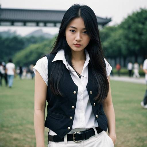 Asian Woman in Black Vest and White Shirt Outdoors