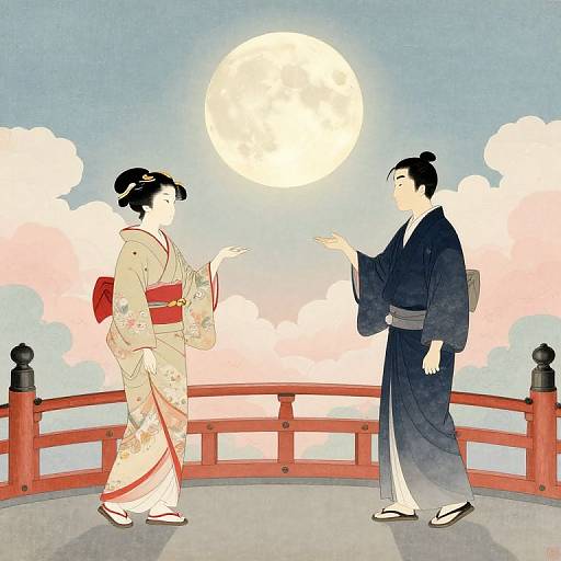 Digital illustration of two Japanese couples in traditional kimonos, standing on a red bridge under a bright full moon.