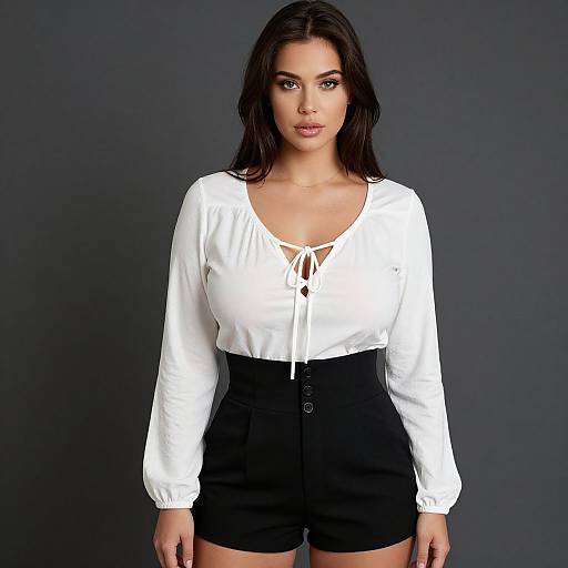 Photograph of a young woman with dark hair, wearing a white long-sleeve blouse with lace-up neckline and black high-waisted shorts,