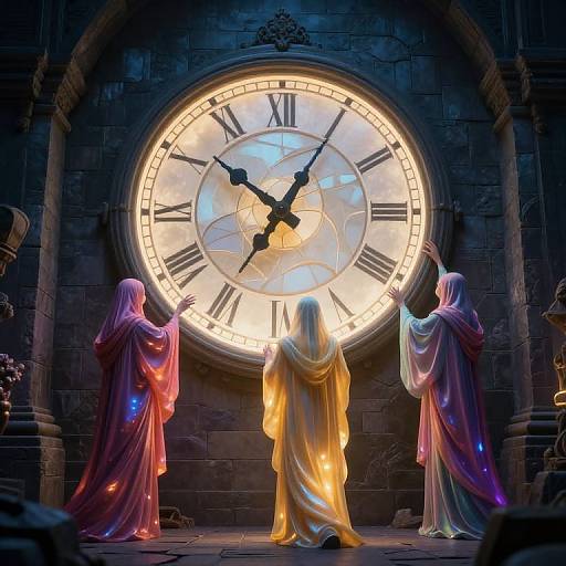 Photograph of three glowing, ethereal figures in colorful, flowing robes, standing before a large, illuminated clock face in a dark stone archway.