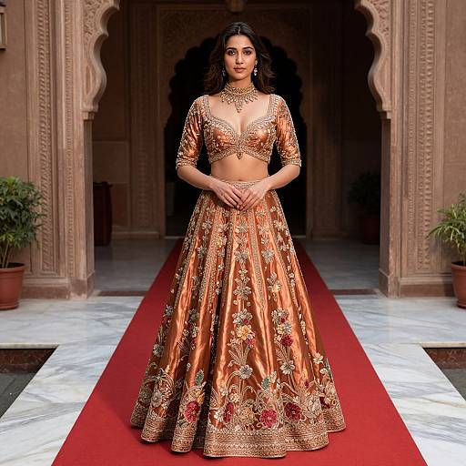 Photograph of a beautiful South Asian woman with long black hair, wearing an ornate, gold and red embroidered traditional lehenga choli, standing on